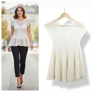 NEW Vintage Hand Knitted Crochet Fit & Flare Sweater Top in Ivory Size S